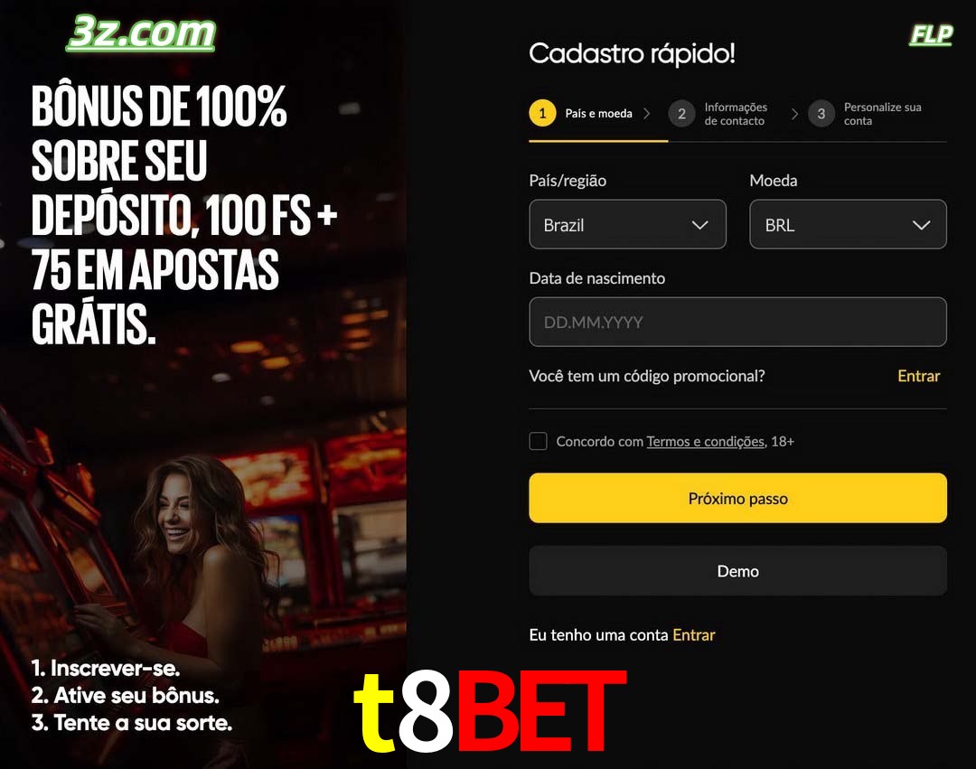 t8bet registro oficial cassino online Brasil com bônus de depósito e free spins